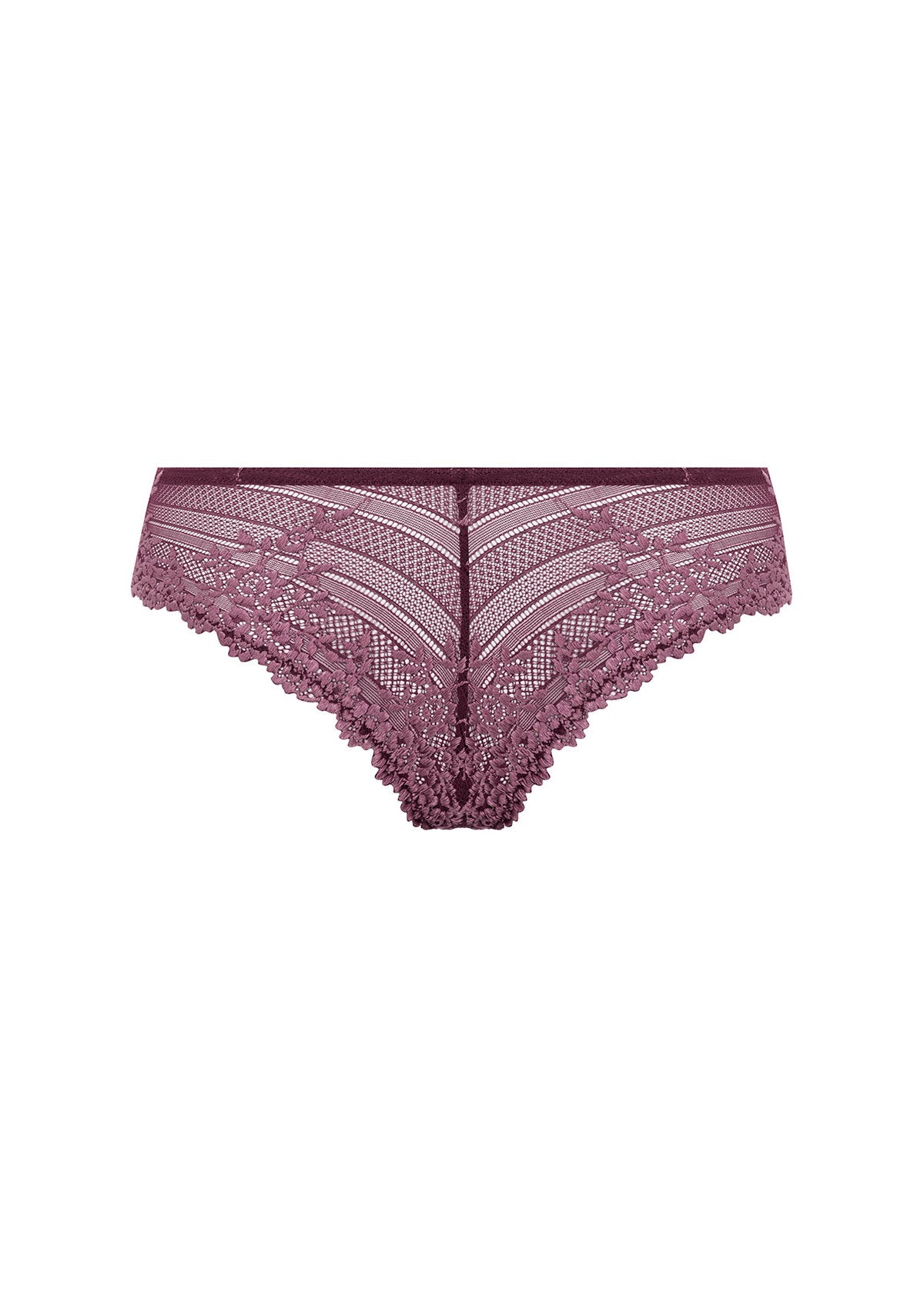 Wacoal's tanga brief in burgundy with pink lace worn by a person on a white background