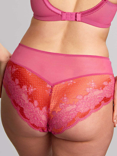 Woman wearing a pink and coral lace deep brief