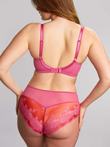 Woman wearing a Panache Pink and Coral Lace Clara Deep Brief and Full Cup Bra set
