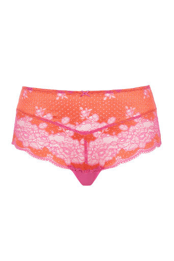 Silhouette on a white background. Pink and coral deep brief with lace detail
