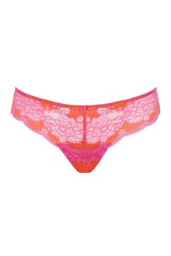 Pink and orange lace underwear on a white background