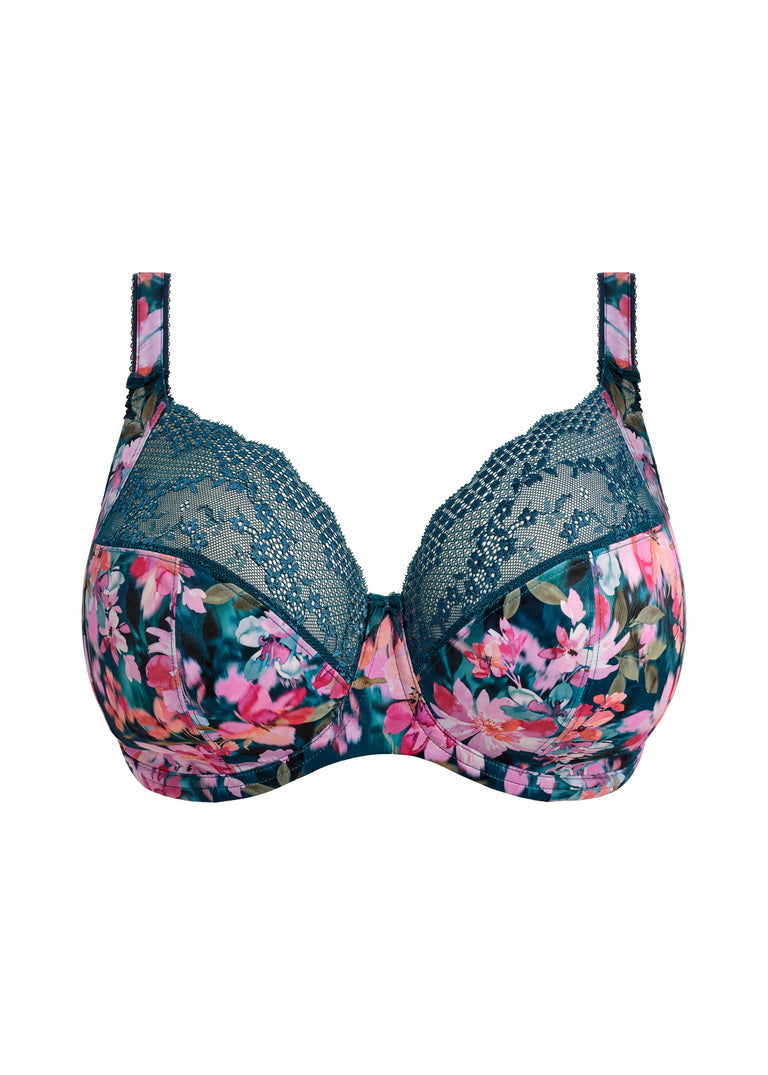 Floral-patterned bra with lace details on a white background