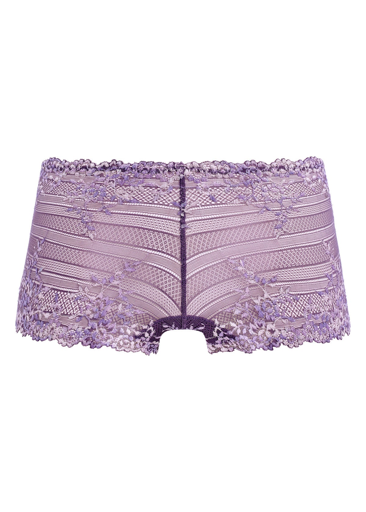 Purple lace shorts on a white background
