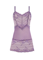 Lavender lace nightgown with thin straps on a white background