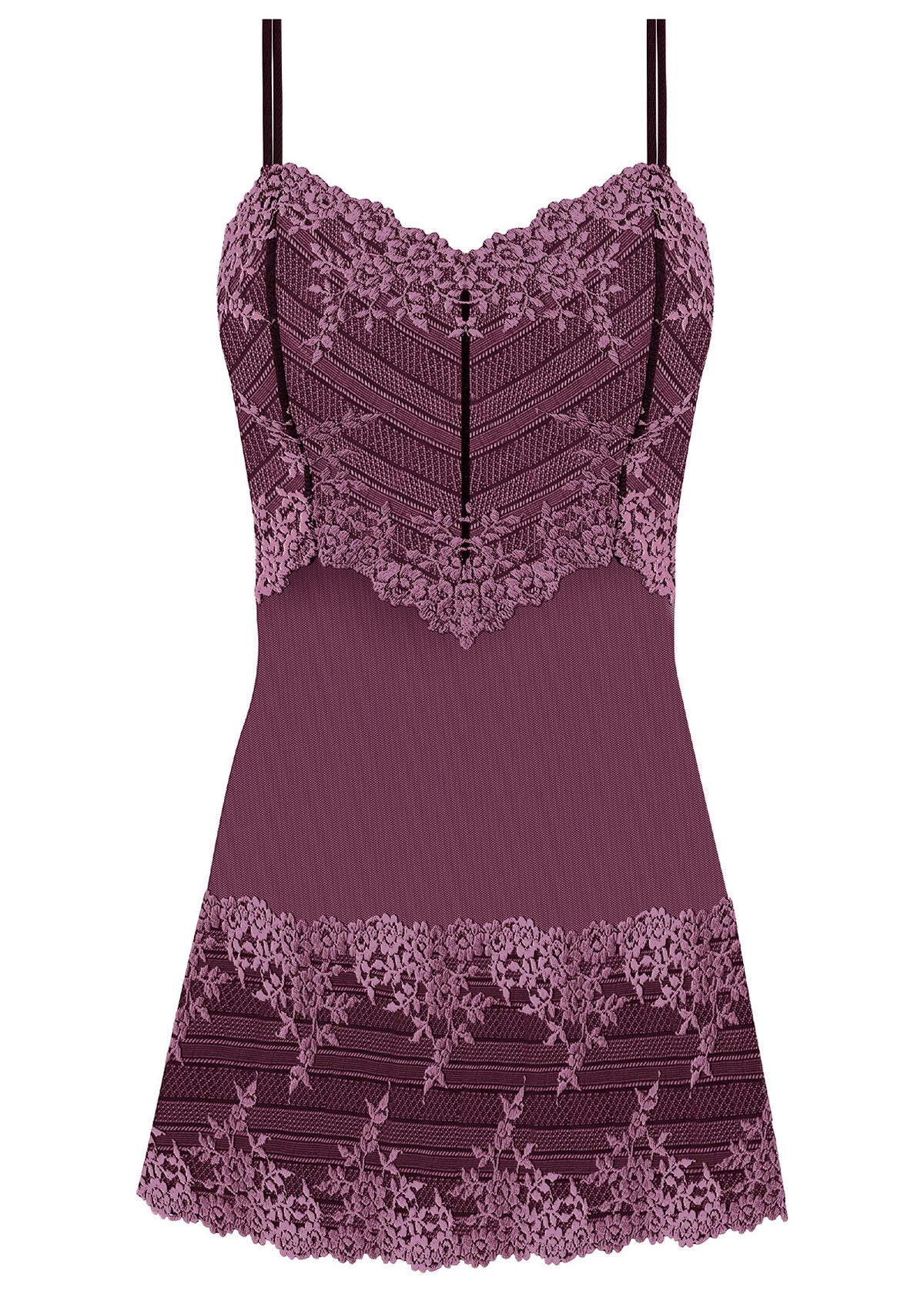 Wacoal's Embrace Lace burgundy with pink lace chemise with a deep neckline on a white background