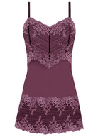 Wacoal's Embrace Lace burgundy with pink lace chemise with a deep neckline on a white background