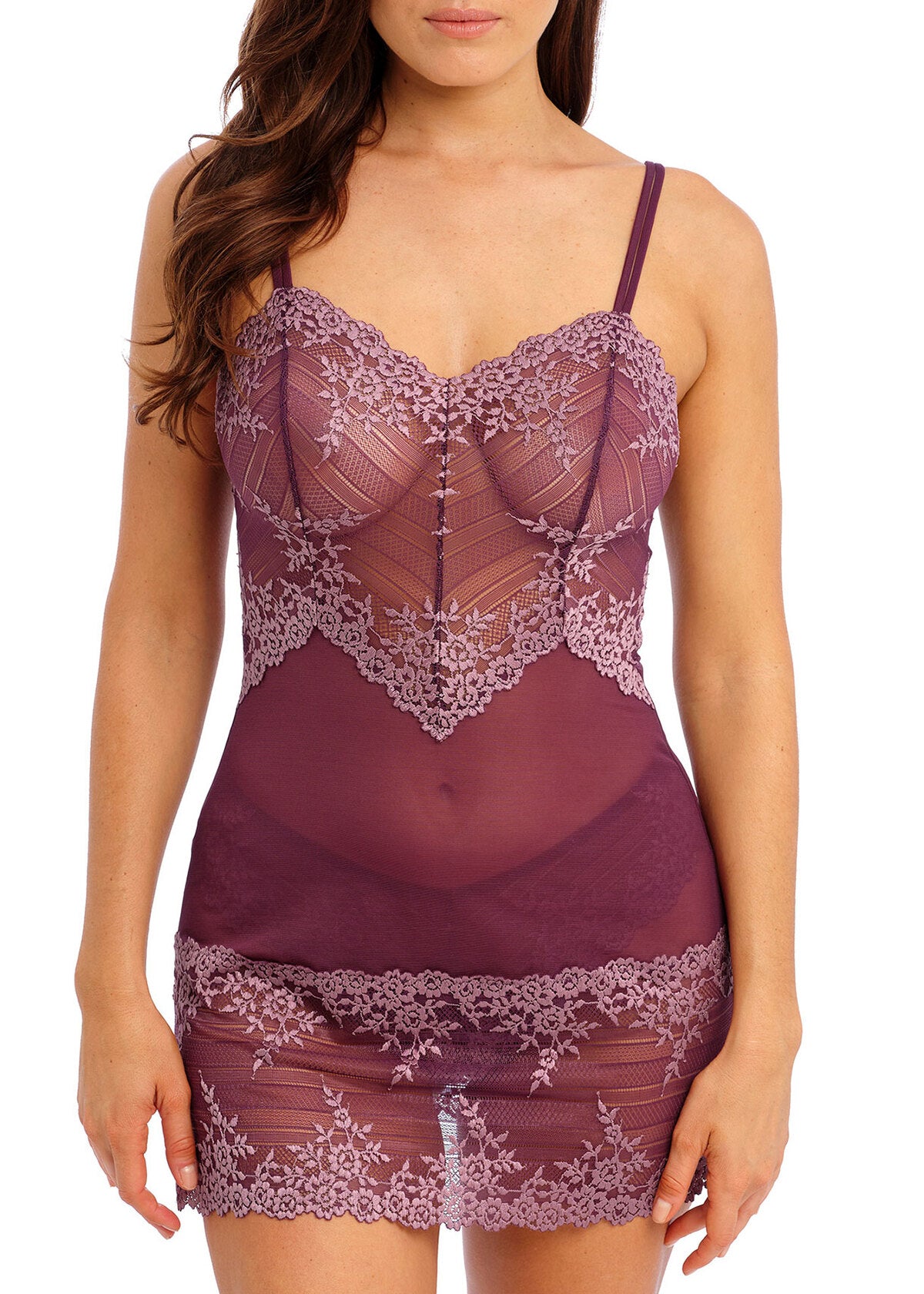 Wacoal's Embrace Lace burgundy with pink lace chemise with a deep neckline on a white background