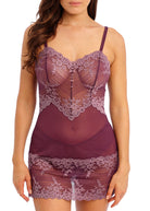 Wacoal's Embrace Lace burgundy with pink lace chemise with a deep neckline on a white background