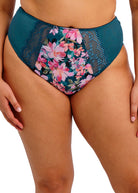 Teal high-waisted bikini bottom with floral pattern on a white background
