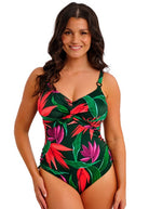Fantasie Pichola Swimsuit, underwired, twist front, supportive and comfortable with a green, purple and coral palm pattern on a black background