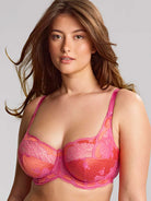 Woman wearing a Panache Coral and Pink Lace Full Cup, Supportive Bra available from Leia Lingerie 