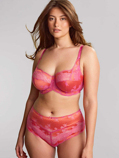 Woman wearing a Panache Coral and Pink Lace Full Cup, Supportive Bra available from Leia Lingerie 