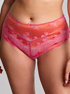 Model wearing Pink and Coral Deep Brief with Lace detail