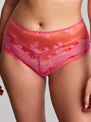 Model wearing Pink and Coral Deep Brief with Lace detail