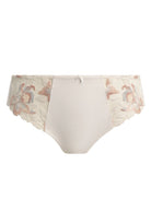 Beige women's underwear with floral lace trim on a white background available at Leia Lingerie