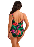Fantasie Pichola Swimsuit, underwired, twist front, supportive and comfortable with a green, purple and coral palm pattern on a black background.  Scoop back