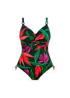 Fantasie Pichola Swimsuit, underwired, twist front, supportive and comfortable with a green, purple and coral palm pattern on a black background