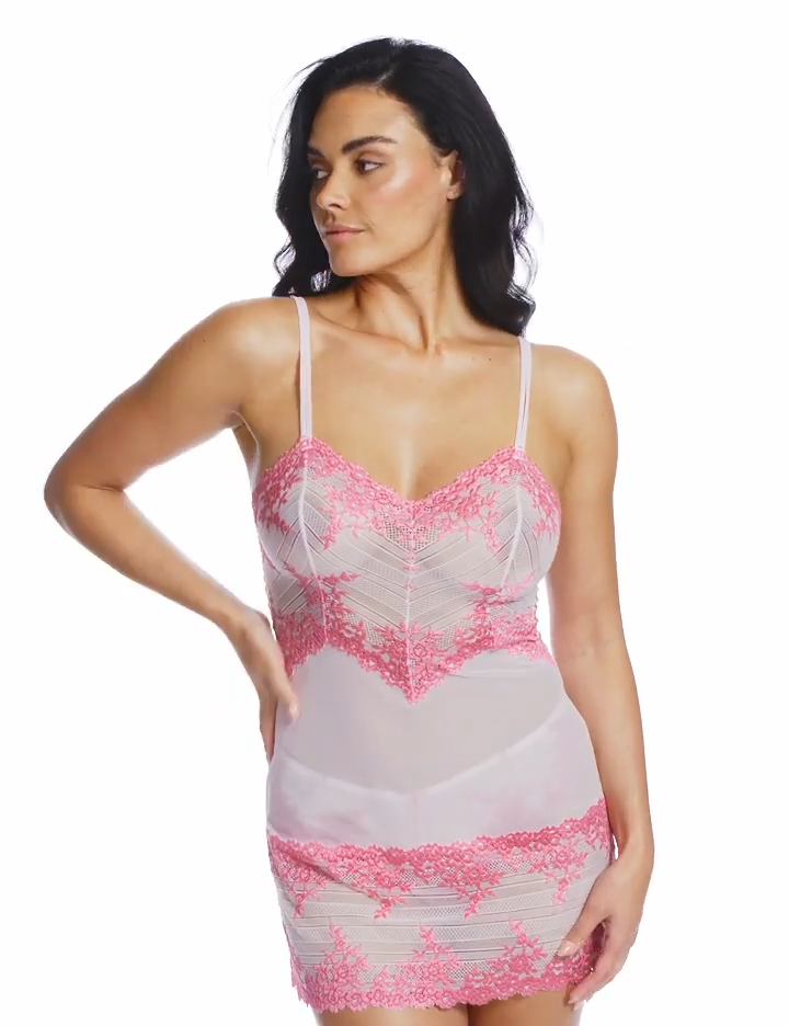 Wacoals Embrace Lace Chemise in Ballet Pink with Chateau Rose Lace on a white background