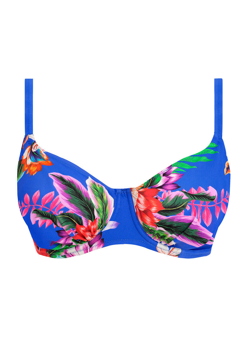 Halkidiki Bandeau Bikini Top by Fantasie, Blue Floral, Bandeau Bikini